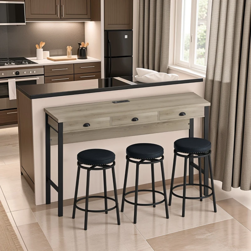 3-Drawer Long Dining Table Set with Power Outlets, Circular PU Stools, Easy Assemble, 60.24"L x 15.75"W x 35.43"H, Black
