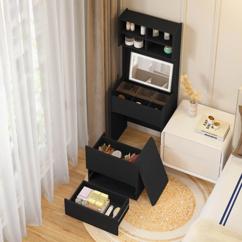Dressing Table with Flip Top LED Mirror, Vanity Table with Storage, Removable Upholstered Stool, 3 Lighting Modes, 23.62" x 15.75" x 62.99", Black