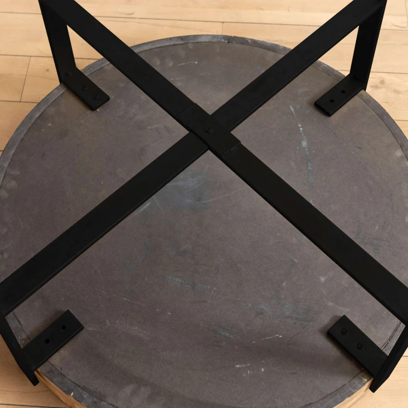 31.29" Modern Retro Splicing Round Coffee Table, Fir Wood Table Top with Black Cross Legs Base, Easy Assembly and Maintenance, Black