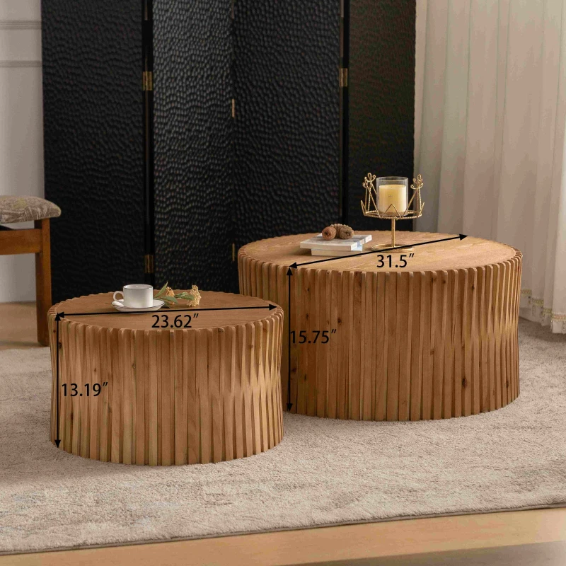 Vintage Cylindrical Nesting Coffee Table Set with Vertical Textured Embossed Design, No Assembly Required, 31.5" and 23.62", Natural