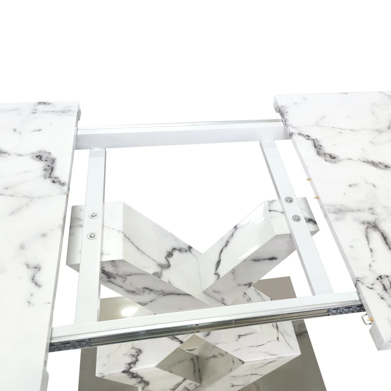 Modern Square Dining Table, Stretchable Printed White Marble Table Top, MDF X-Shape Table Leg with Metal Base, 62.99"L x 31.5"W x 30.12"H, White