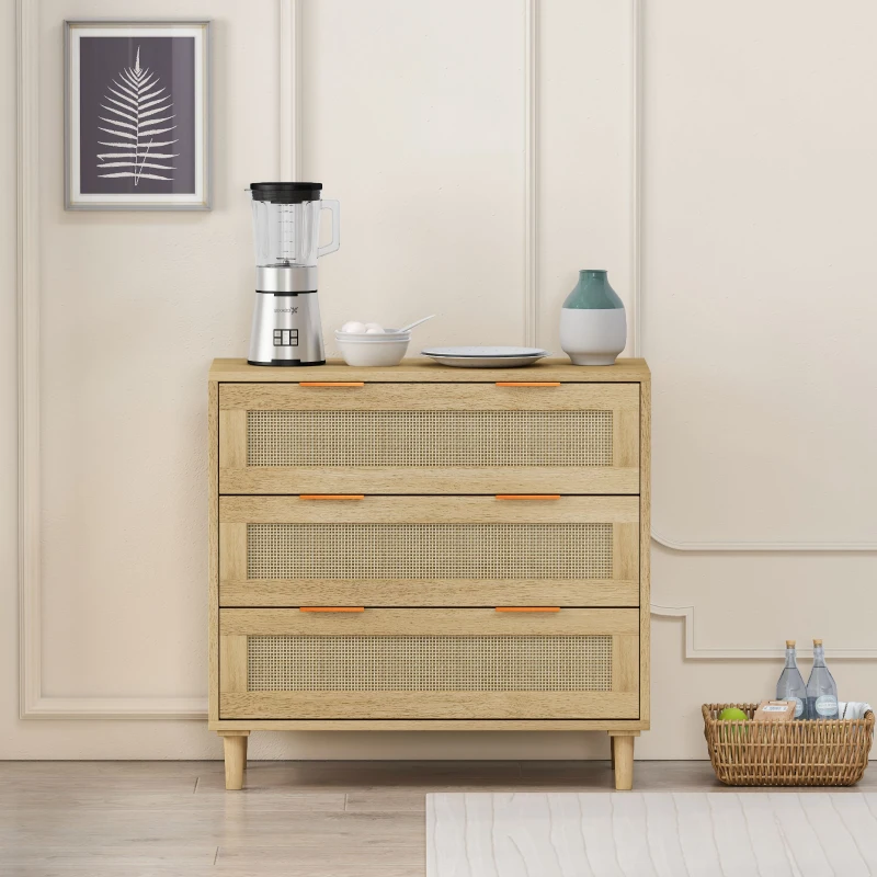 31.5" Rattan Storage Cabinet with 3 Drawers, Modern Oak Design, High-Quality MDF, Multi-Purpose for Bedroom, Living Room, Hallways, Oak