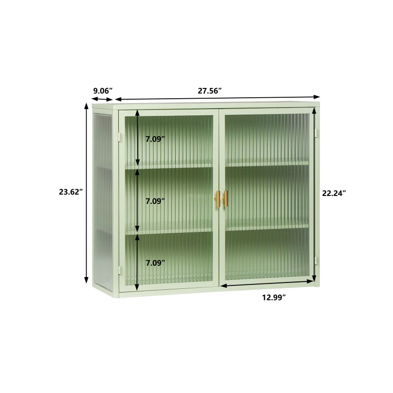 27.56" Glass Doors Modern Two-Door Wall Cabinet with Three-Tier Storage for Entryway, Living Room, Bathroom, Dining Room, Mint Green