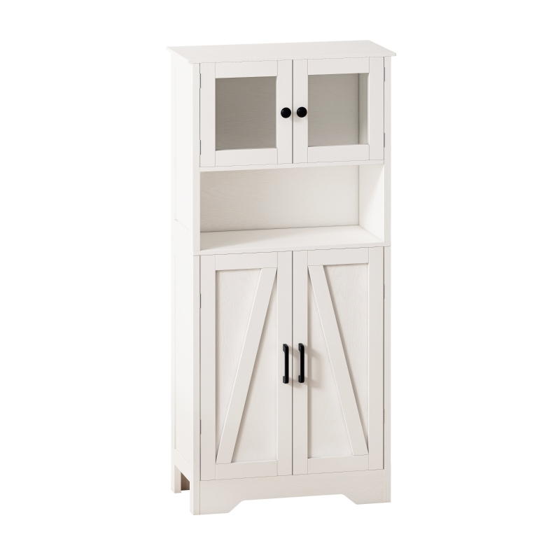 Four Door Storage Cabinet with LED Light, Open Shelf, Transparent Acrylic Doors, Adjustable Shelves, 23.62"L x 11.81"W x 50.39"H, White