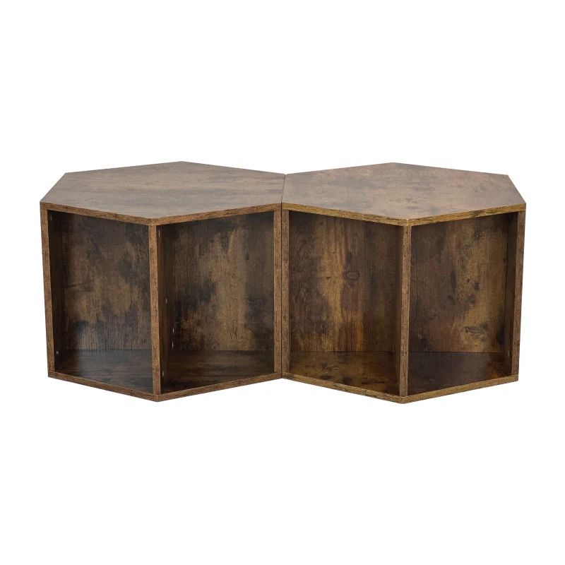 Hexagonal Coffee Table Set, 2-Piece Antique Wood Side Table Nightstand with Storage Shelves, Versatile Design, 47.24'' x 23.62'' x 15.74'', Antique brown