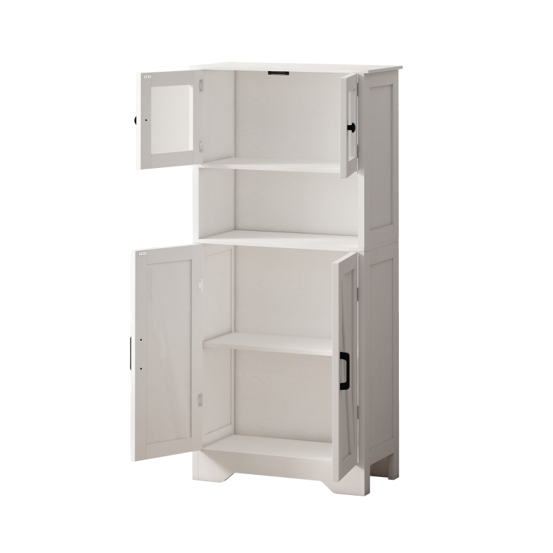 Four Door Storage Cabinet with LED Light, Open Shelf, Transparent Acrylic Doors, Adjustable Shelves, 23.62"L x 11.81"W x 50.39"H, White