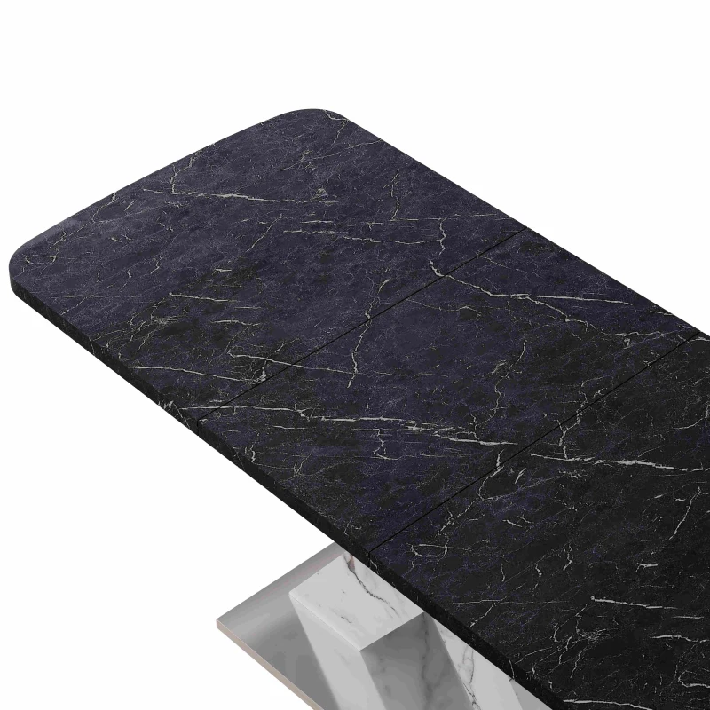 Modern Square Dining Table, Stretchable Black Marble Table Top with MDF X-Shape Legs and Metal Base, Easy Assembly, 62.99"L x 31.5"W x 30.12"H, Black White