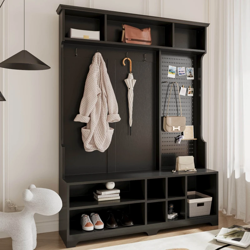 Hall Tree with Shoe Bench, Coat Rack, Storage Shelves, Pegboard, and Shoe Storage, 57.48"L x 14.96"W x 77.17"H, Black