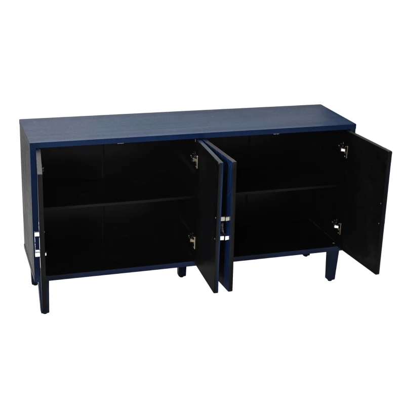 Stylish 4-Door Storage Cabinet with Pine Legs and MDF, Versatile for Living Room, Bedroom, and Kitchen, 59.84"L x 15.75"W x 32.48"H, Navy Blue