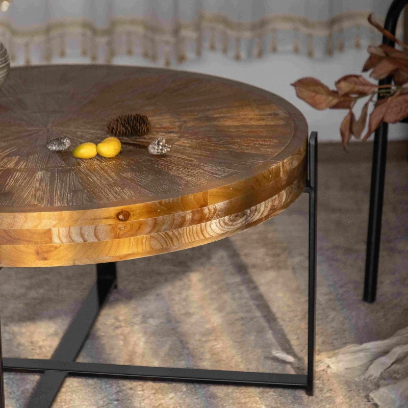 33.46" Retro Round Coffee Table, Fir Wood Top with Black Cross Legs, Easy Assembly and Maintenance, Natural