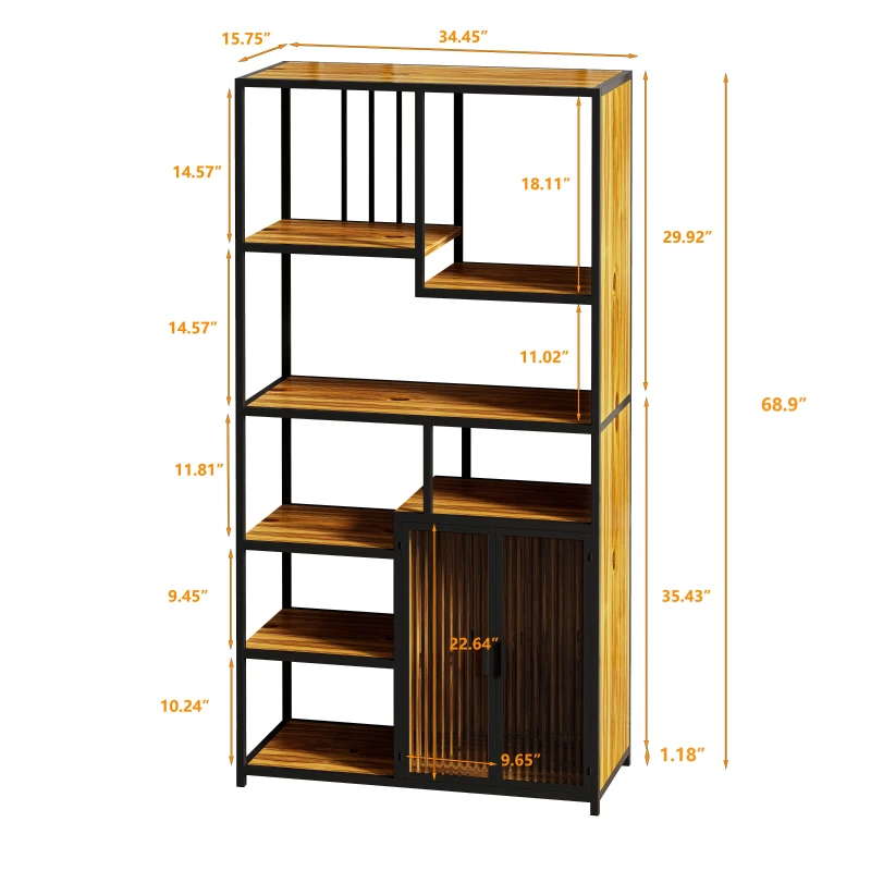 Multipurpose Bookshelf Storage Rack with Enclosed Cabinet, 7 Shelves, Fir Wood and Iron Frame, 34.45"L x 15.75"W x 68.90"H, Black+Brown