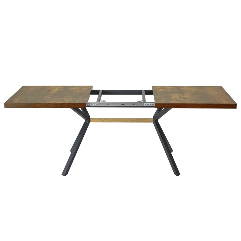 Vintage Rectangular Stretch Dining Table with Antique Wooden Tabletop, Black Embossed Centerboard, and Iron Leg Base, 78.74″ L x 35.43″ W x 29.52″ H, Brown