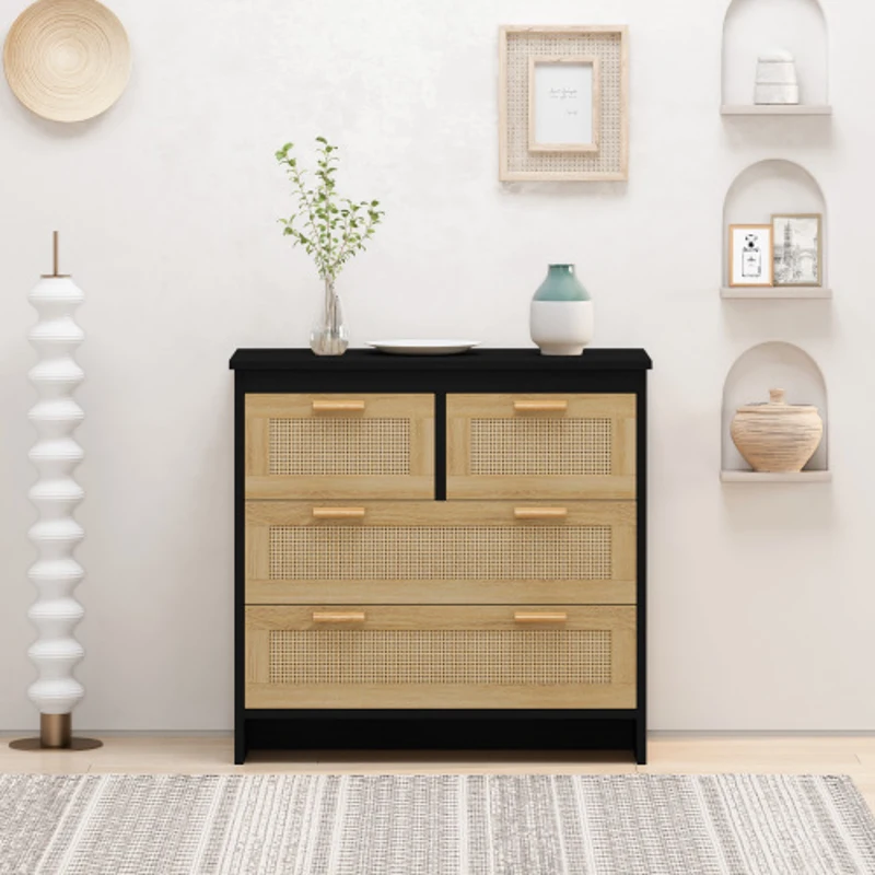 4-Drawer Rattan Cabinet, Modern Design with Ample Storage, Easy Assembly, Anti-Tipping Safety, 31.5"x15.75"x31.5", Black