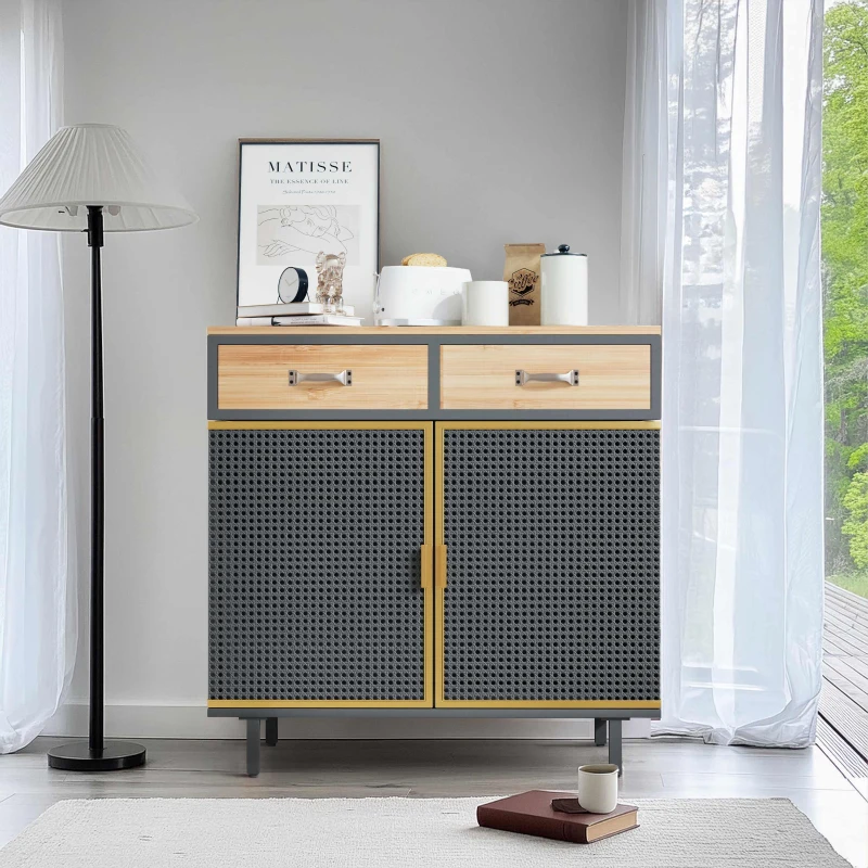 31.5" Wide 2 Drawer Sideboard, Modern Furniture Decor with Iron and Carbonized Bamboo, Easy Assembly, Ample Storage, 31.5"L x 13.78"W x 31.5"H, Dark Gray