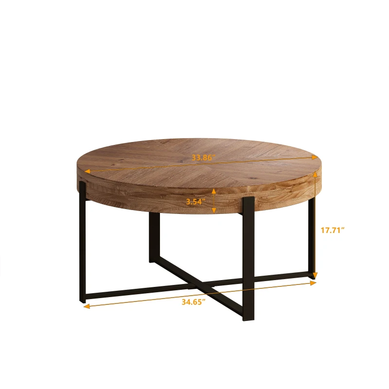 33.86" Modern Retro Splicing Round Coffee Table, Fir Wood Table Top with Black Cross Legs Base, Easy Assembly and Maintenance, 17.72" Height, Black+Natural