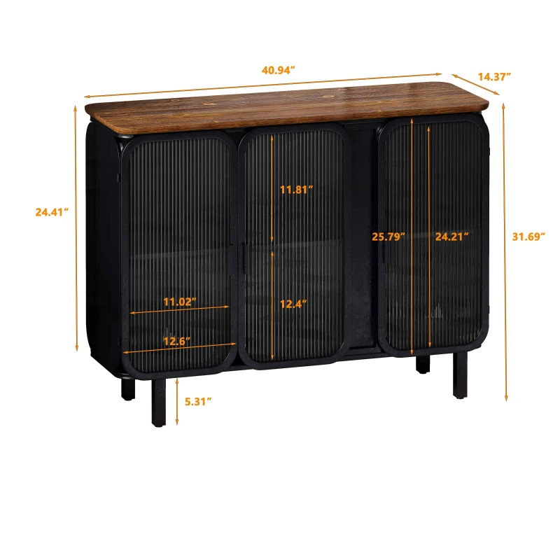 40.94" Glass Doors Modern Three-Door Cabinet with Two-Tier Storage and Fir Wood Top for Entryway, Living Room, Home Office, Dining Room, Black+Brown