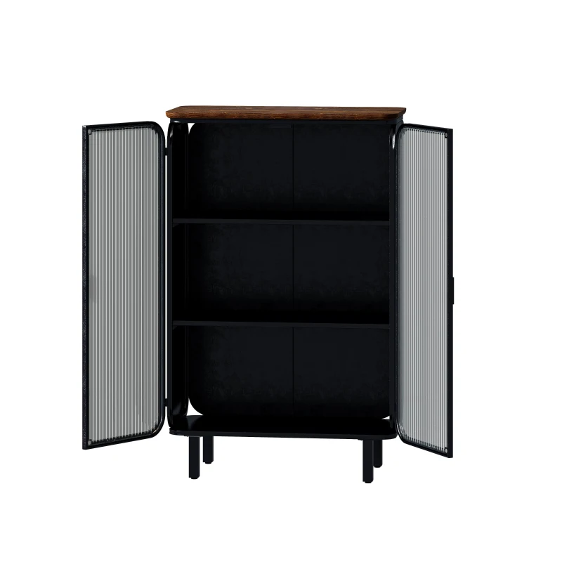 28.35" Glass Doors Modern Two-Door Cabinet with Three-Tier Storage and Fir Wood Top for Entryway, Living Room, Home Office, Dining Room, Black+Brown
