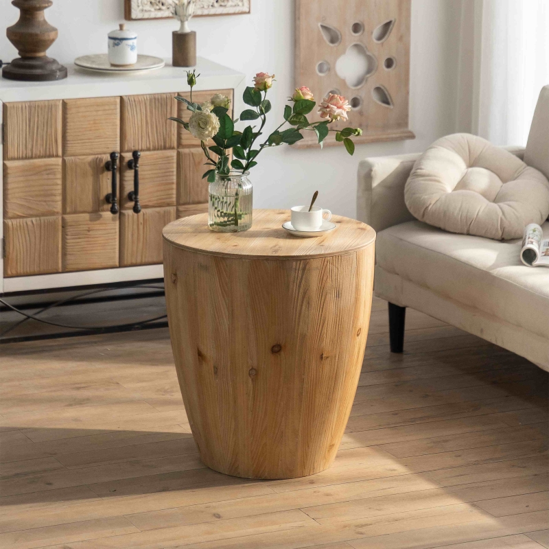 Vintage Style Barrel Shaped Coffee Table with Storage, Solid Fir Wood, 21.06" x 21.06" x 23.43", Natural