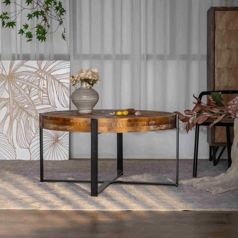 33.46" Retro Round Coffee Table, Fir Wood Top with Black Cross Legs, Easy Assembly and Maintenance, Natural