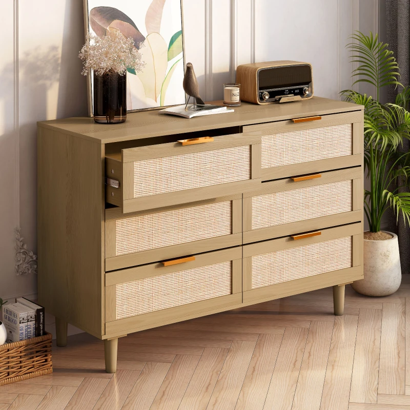 6-Drawer Rattan Dresser, Modern Natural Design with Ample Storage, Smooth Guide Rails, and Multi-Purpose Use, 43.31" x 15.75" x 29.45", Oak