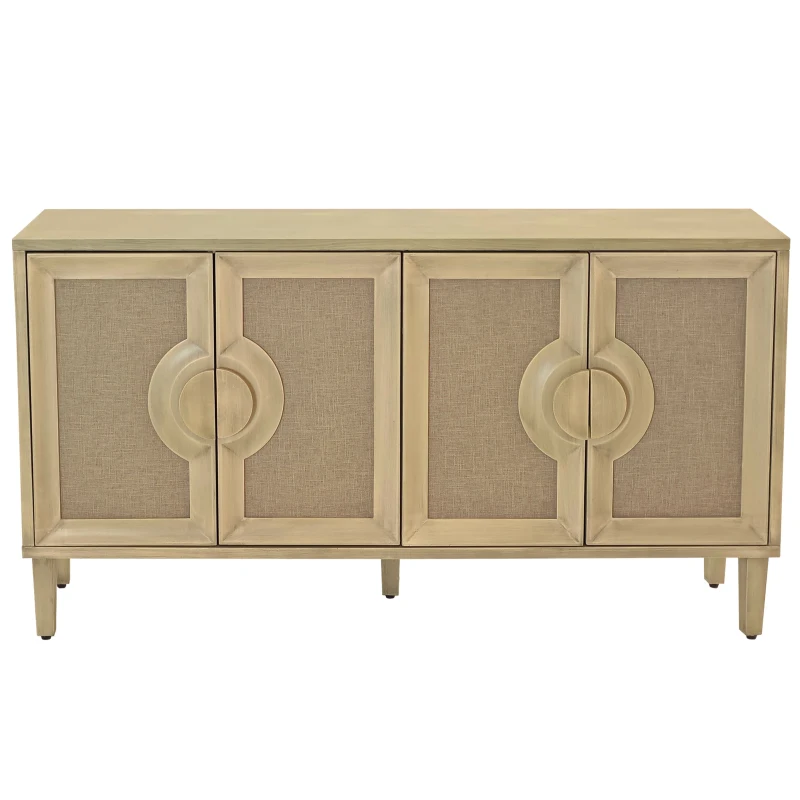 Elegant Vintage 4-Door Cabinet with Linen Decorated Doors, Adjustable Shelves, and Half-Moon Handles, 59.84"L x 15.75"W x 32.68"H, Easy Assembly, Natural