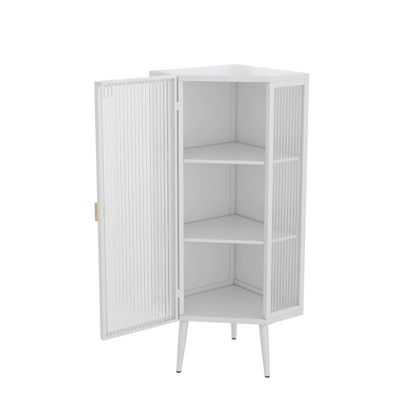 22.25'' Floor Corner Cabinet, Three Tiers with Tempered Glass Doors and Storage Shelves for Bathroom, Living Room, and Bedroom, 22.25"L x 16.75"W x 43.3"H, White