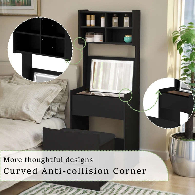 Dressing Table with Flip Top LED Mirror, Vanity Table with Storage, Removable Upholstered Stool, 3 Lighting Modes, 23.62" x 15.75" x 62.99", Black