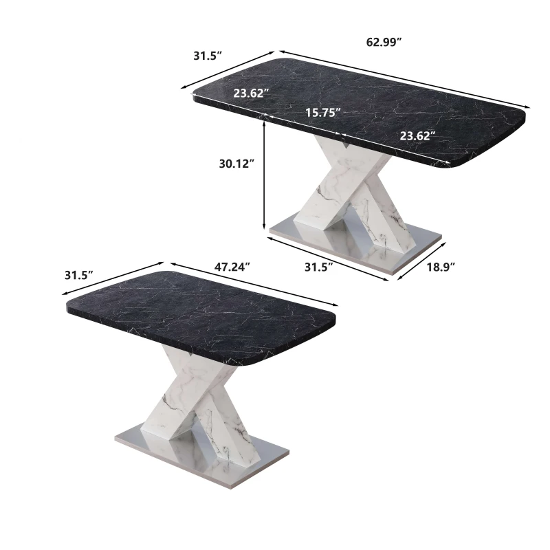 Modern Square Dining Table, Stretchable Black Marble Table Top with MDF X-Shape Legs and Metal Base, Easy Assembly, 62.99"L x 31.5"W x 30.12"H, Black White
