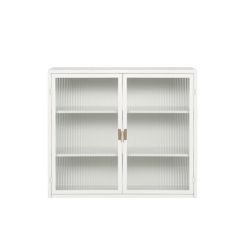 27.56" Modern Two-Door Wall Cabinet with Three-Tier Storage, Fluted Tempered Glass Doors, and Adjustable Shelves for Entryway, Living Room, Bathroom, Dining Room, White