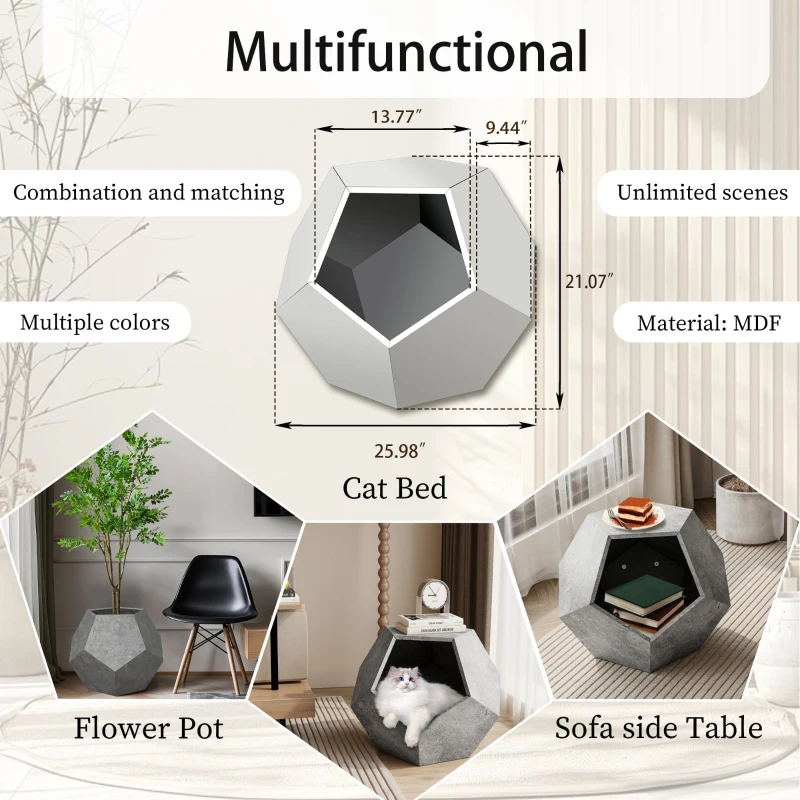 Modern Pet Furniture Cat Litter Side Table, Multifunctional MDF Sofa Side Table and Planter, 25.98" x 25.98" x 21.07", Cement Gray