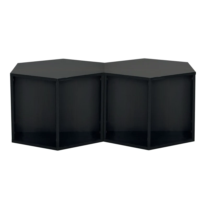 Hexagonal Coffee Table Set, 2-Piece Side Table Nightstand with Storage Shelves, Versatile Modern Design, 47.24" x 23.62" x 15.75", Black Brown