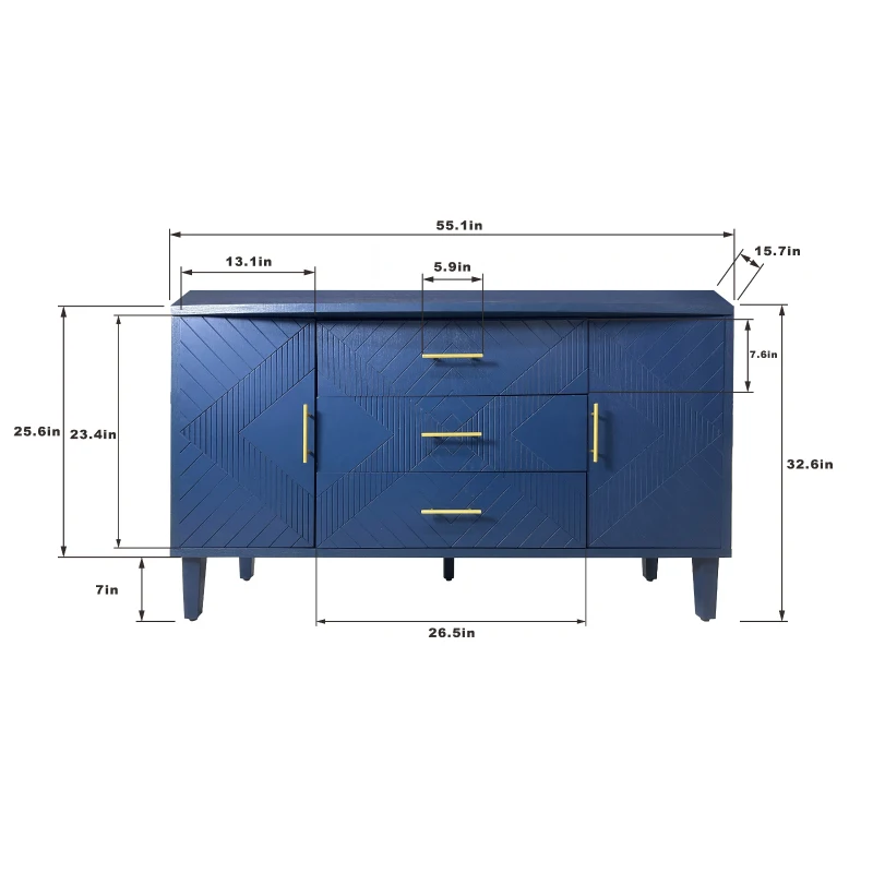 Stylish 2-Door 3-Drawer Cabinet with Carved Effect, Adjustable Shelves, and Easy Assembly, 55.12"L x 15.75"W x 32.68"H, Navy Blue