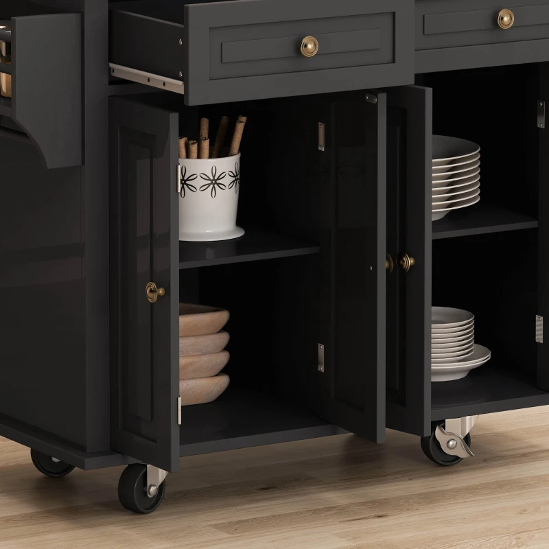 Kitchen Island Cart with Two Storage Cabinets, Two Drawers, Locking Wheels, Spice Rack, and Towel Rack, 43.31" Width, Black