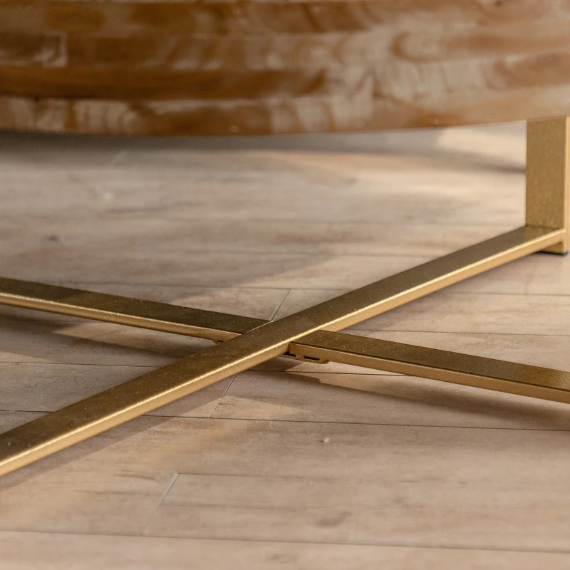 31.29" Modern Retro Splicing Round Coffee Table, Fir Wood Table Top with Gold Cross Legs, Easy Assembly and Maintenance, Gold