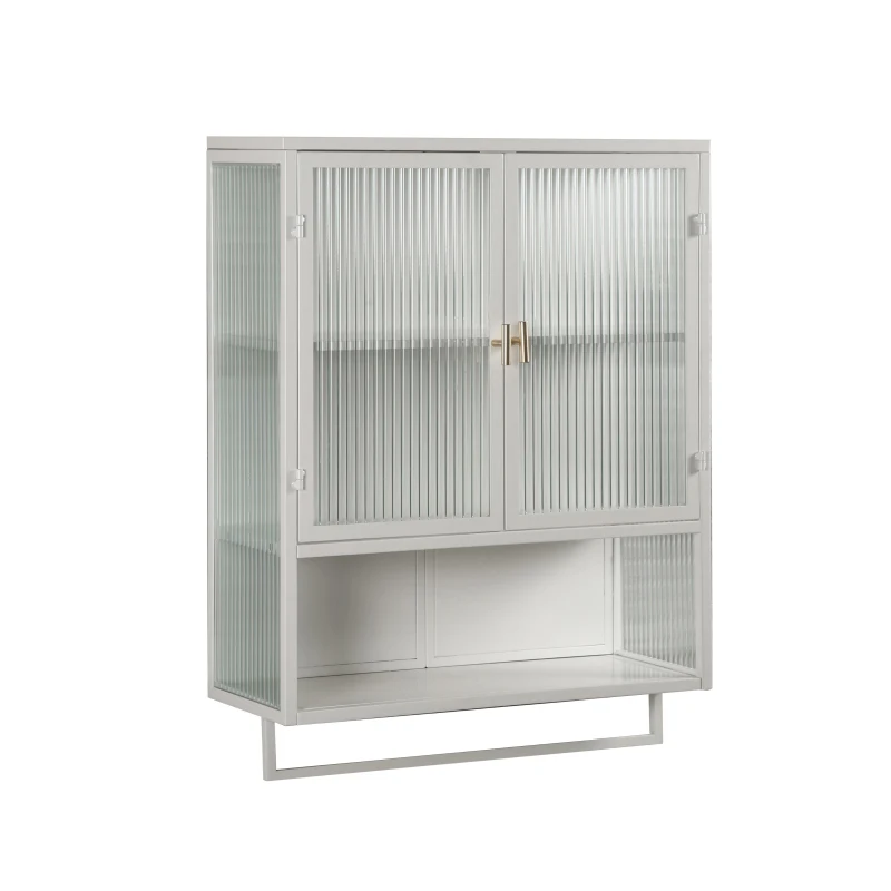 23.62" Modern Wall Cabinet with Glass Doors, Two-Tier Enclosed Storage, Open Shelf, and Towel Rack for Bathroom, Dining Room, 23.62"L x 9.06"W x 30.71"H, White