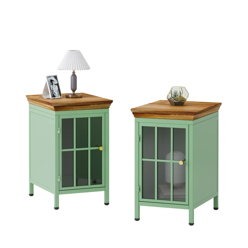 Nightstand with Storage Cabinet & Solid Wood Tabletop, Bedside Table, Sofa Side Coffee Table for Bedroom, Living Room, Set of 2, 12.2"L x 15.75"W x 20.08"H, Green