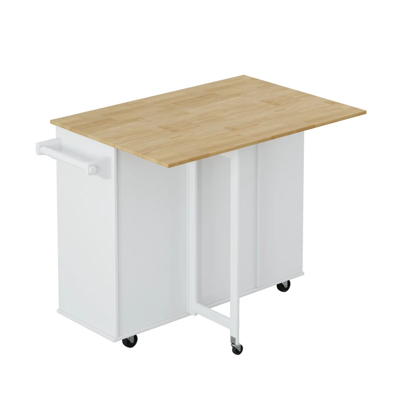 Multi-Functional Kitchen Island Cart with 2 Door Cabinet, Drawers, Spice Rack, Towel Holder, Wine Rack, Foldable Rubberwood Table Top, 46.46"L x 16.93"W x 35.83"H, White