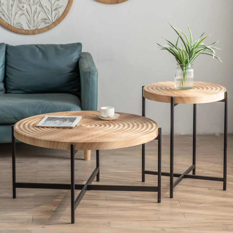 33" Modern Thread Design Round Coffee Table, MDF Table Top with Cross Legs Metal Base, Easy Assembly and Maintenance, Natural
