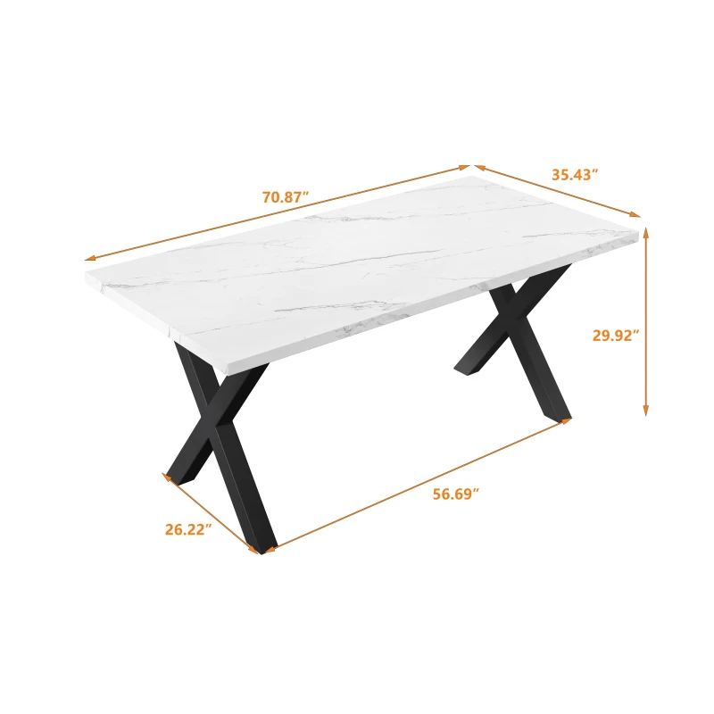 70.87" Modern Square Dining Table with Printed White Marble Table Top, Black X-Shape Legs, and 220 lbs Weight Capacity, White
