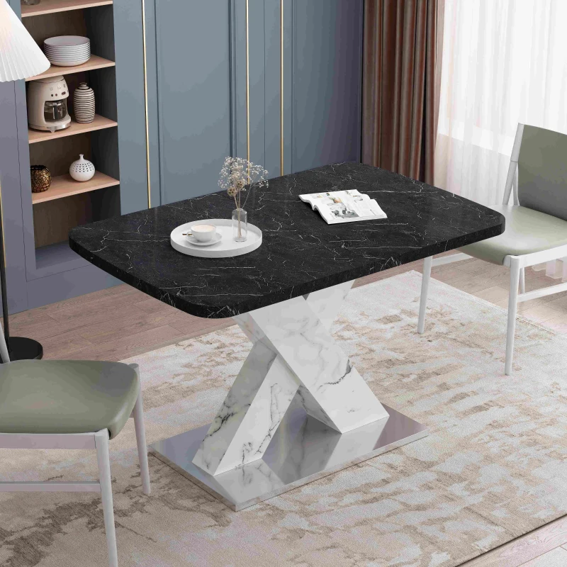 Modern Square Dining Table, Stretchable Black Marble Table Top with MDF X-Shape Legs and Metal Base, Easy Assembly, 62.99"L x 31.5"W x 30.12"H, Black White