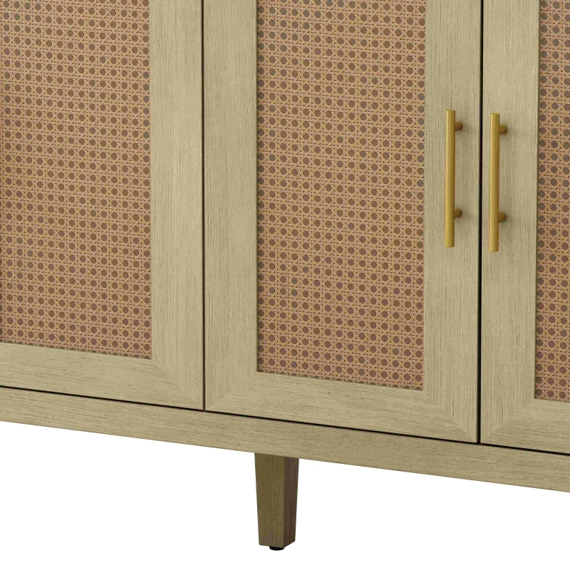 Modern 4-Door Cabinet with Rattan Decorative Doors, Adjustable Shelves, and Ample Storage, 59.84"L x 15.75"W x 32.68"H, Easy Assembly, Natural