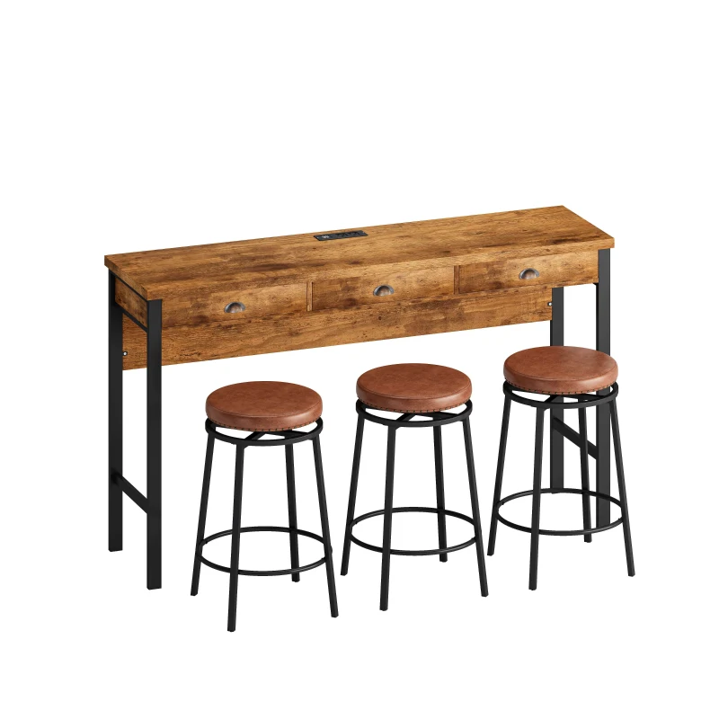 3-Drawer Long Dining Table Set with Power Outlets, Circular PU Stools, Easy Assembly, 60.24"x15.75"x35.43", Brown