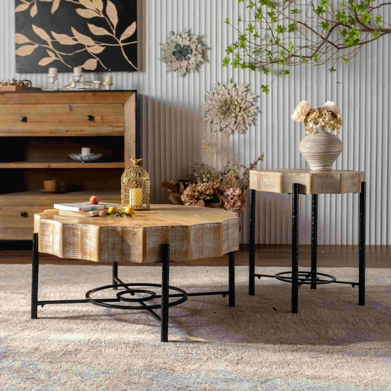 31.5" Vintage Patchwork Lace Coffee Table Set of 2 with Natural Pine Grain Top and Dimpled Metal Cross Legs, Natural+Black