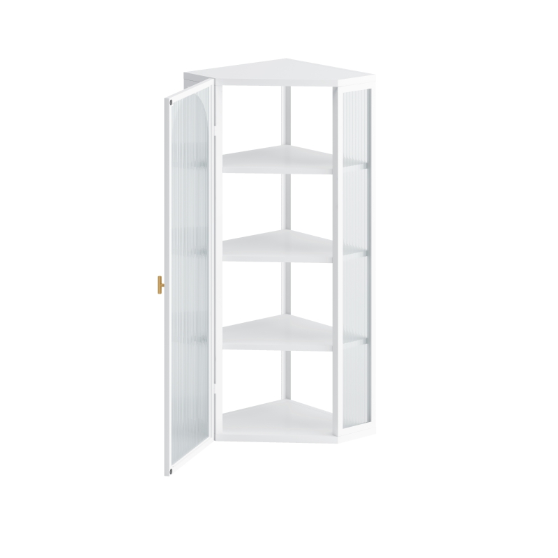 Glass Door Wall Mounted Corner Cabinet with Four-Tier Storage for Bedroom, Living Room, Bathroom, Kitchen, 22.24"L x 15.94"W x 41.34"H, White