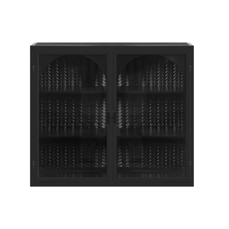 27.56" Modern Two-Door Wall Cabinet with Glass Doors, Three-Tier Storage, and Woven Pattern for Entryway, Living Room, Bathroom, Dining Room, Black