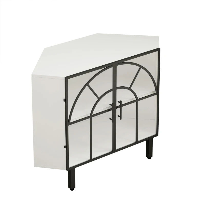 37.4" Glass Two-Door Hexagonal Corner Cabinet, Iron and Tempered Glass, Sturdy and Durable, Easy Assembly, White