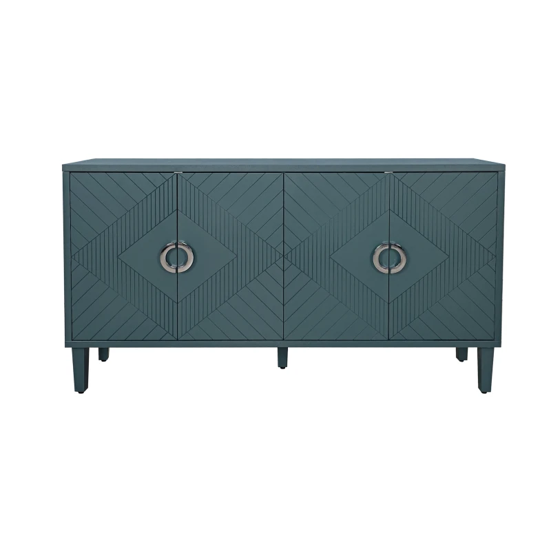 Stylish 4-Door Storage Cabinet with Pine Legs and Adjustable Shelves, MDF Construction, 59.84"L x 15.75"W x 32.48"H, Olive Green