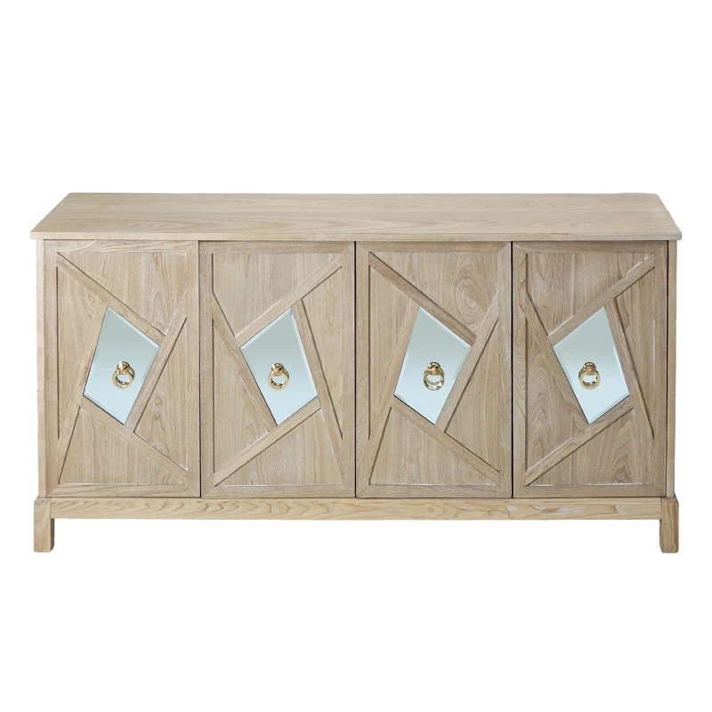 Modern 4-Door Cabinet with Mirrored Decorative Doors, Ample Storage, Solid Wood Legs, Easy Assembly, 59.84"L x 15.75"W x 31.89"H, Wood