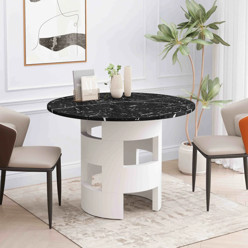 42.12" Modern Round Dining Table with Printed Black Marble Table Top, Sturdy MDF Base, Easy Assembly, 220 lbs Capacity, Black White