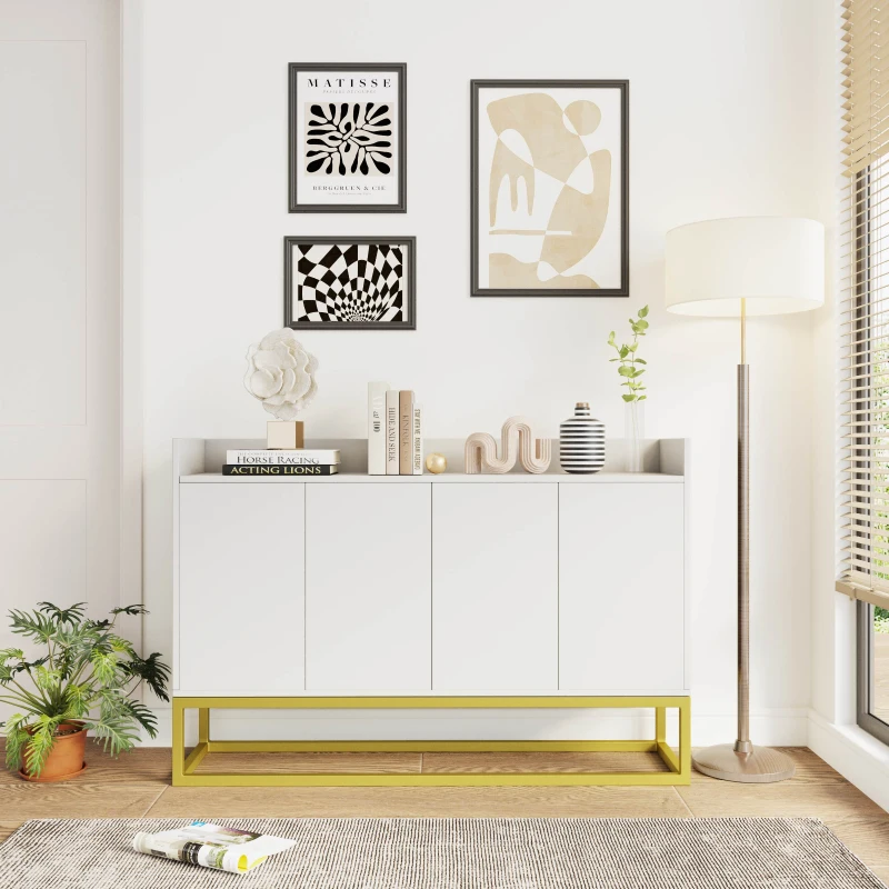 Stylish 4-Door Storage Cabinet with Square Metal Legs, Adjustable Shelf, and Particle Board Material, 47.24"L x 11.81"W x 31.69"H, White